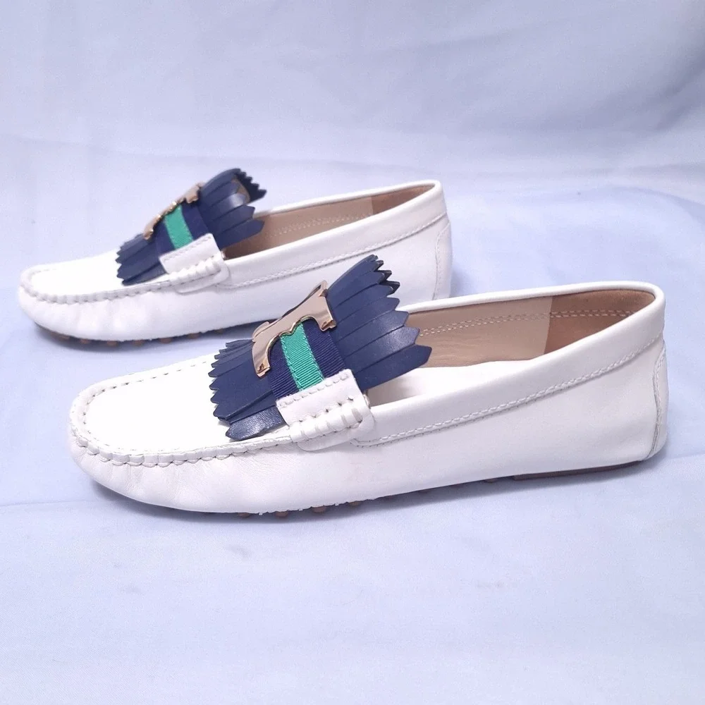 Tory Burch Gemini‎ Link Driver Leather Loafers White Navy Fringe Shoes Sz 6 NIB
